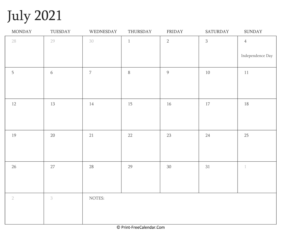 Printable July Calendar 2021 with Holidays