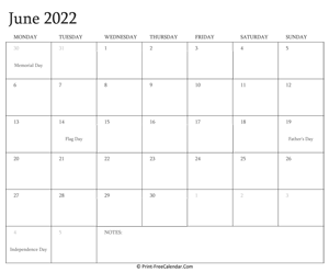 printable june calendar 2022 with holidays