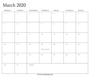 printable march calendar 2020 with holidays