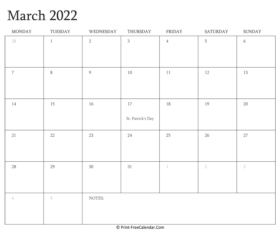 Printable March Calendar 2022 With Holidays Printable March Calendar 2022 With Holidays