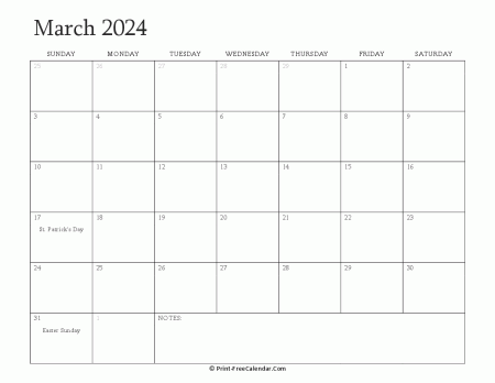 printable march calendar 2024 with holidays