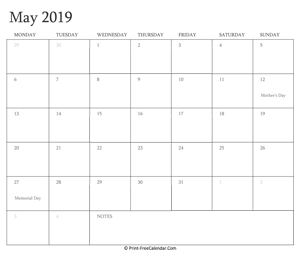 printable may calendar 2019 with holidays