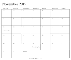 printable november calendar 2019 with holidays