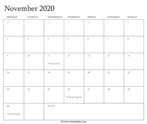 printable november calendar 2020 with holidays