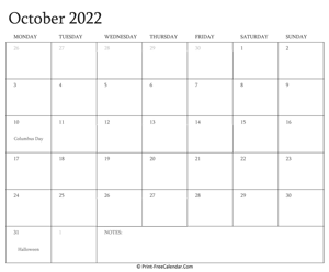 printable october calendar 2022 with holidays