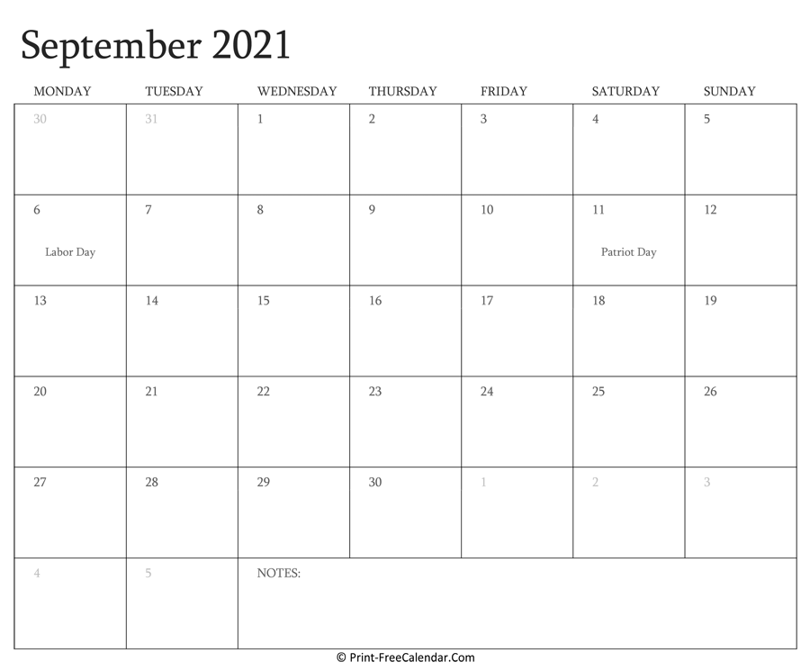 Printable September Calendar 2021 with Holidays