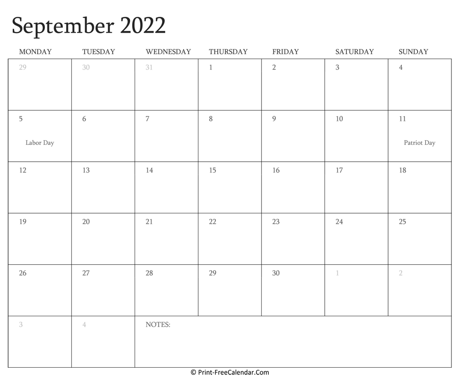 Printable September Calendar 2022 with Holidays