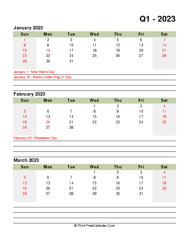 quarter 1 2023 printable calendar with us holidays sunday start