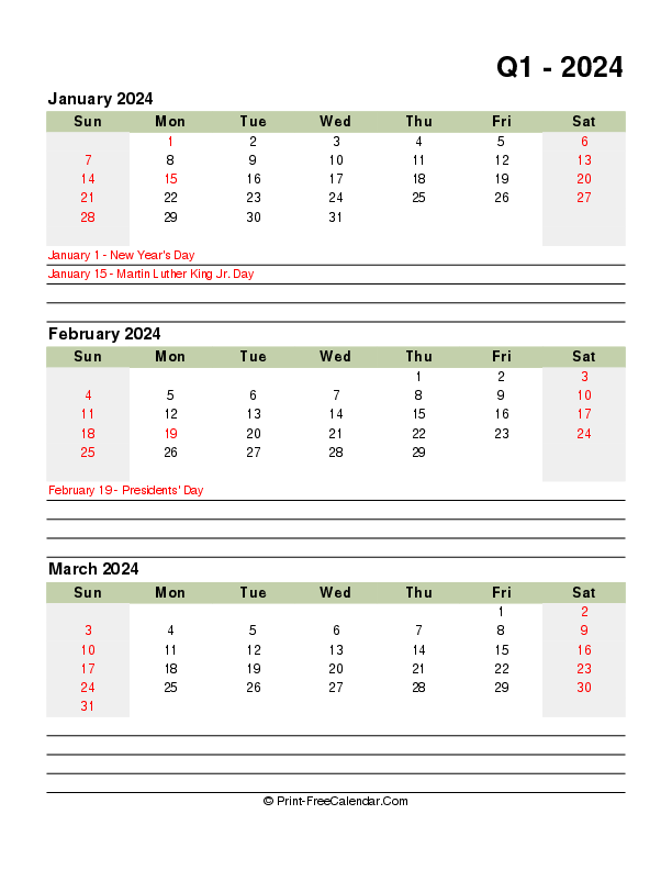 quarter 1 2024 printable calendar with us holidays sunday start