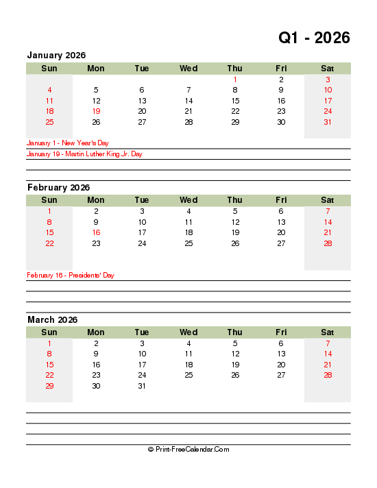 quarter 1 2026 printable calendar with us holidays sunday start
