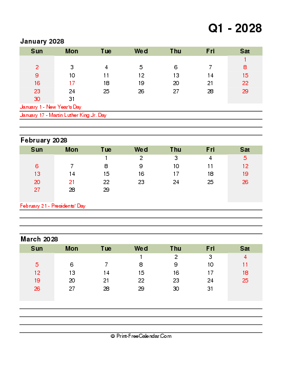 quarter 1 2028 printable calendar with us holidays sunday start