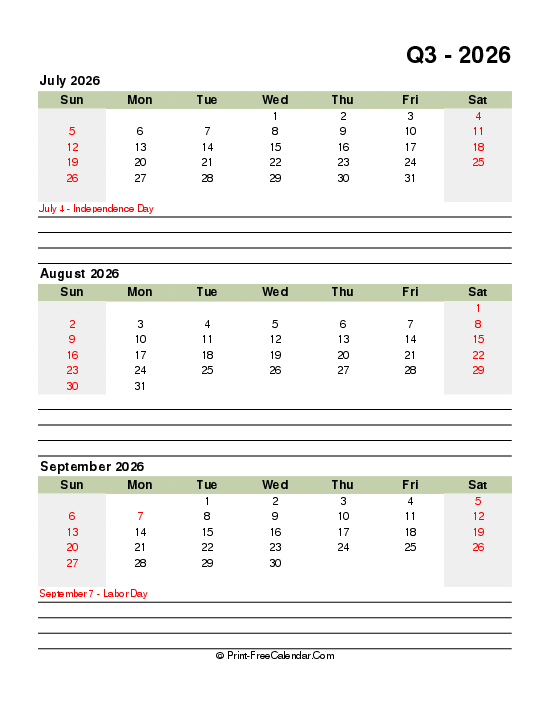 quarter 3 2026 printable calendar with us holidays sunday start