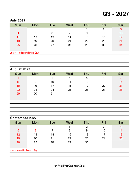 quarter 3 2027 printable calendar with us holidays sunday start