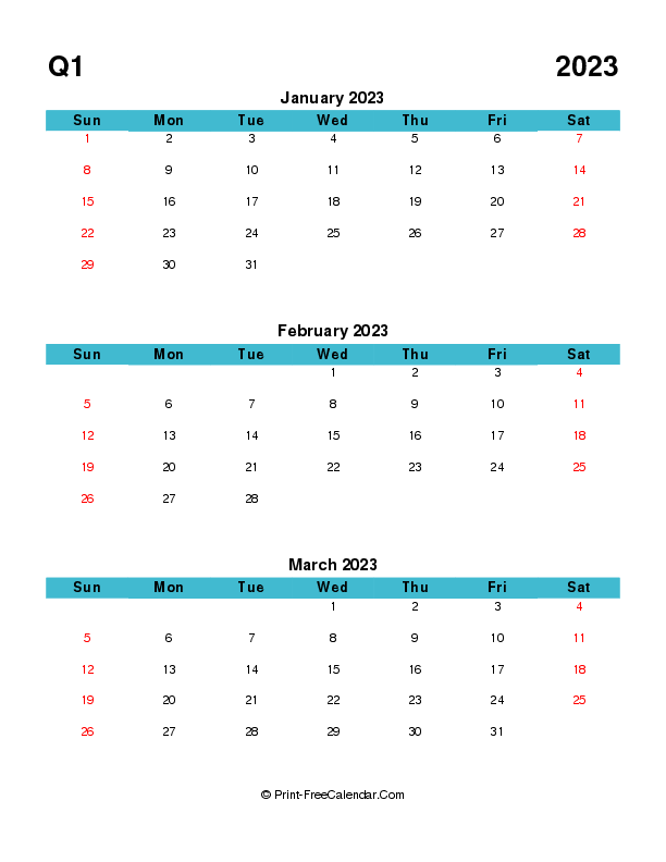 quarterly calendar editable q1 2023 january february march sunday start