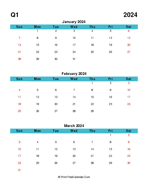 quarterly calendar editable q1 2024 january february march sunday start