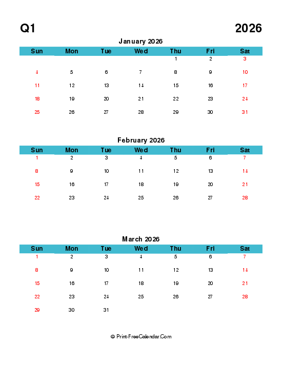 quarterly calendar editable q1 2026 january february march sunday start