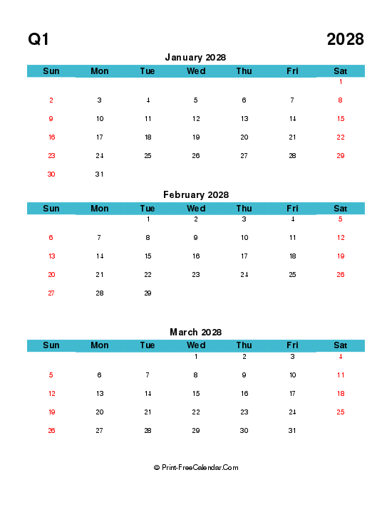 quarterly calendar editable q1 2028 january february march sunday start
