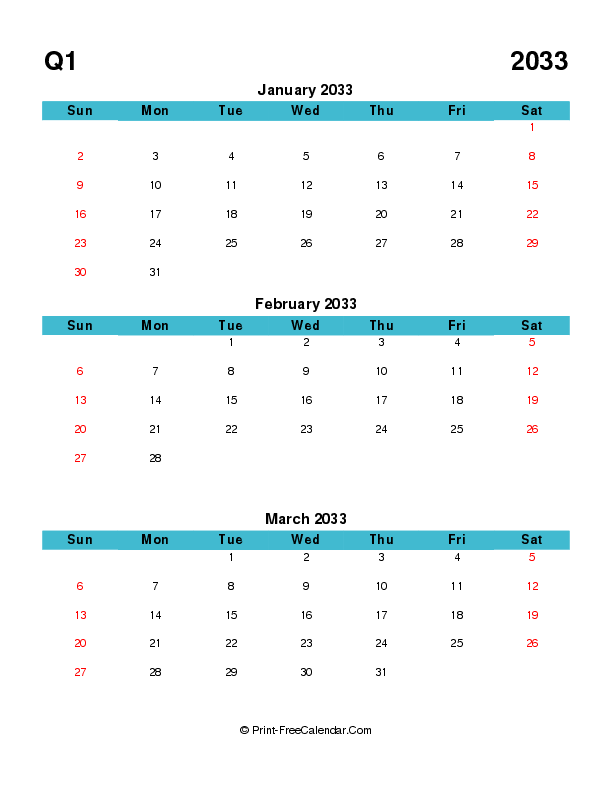 quarterly calendar editable q1 2033 january february march sunday start