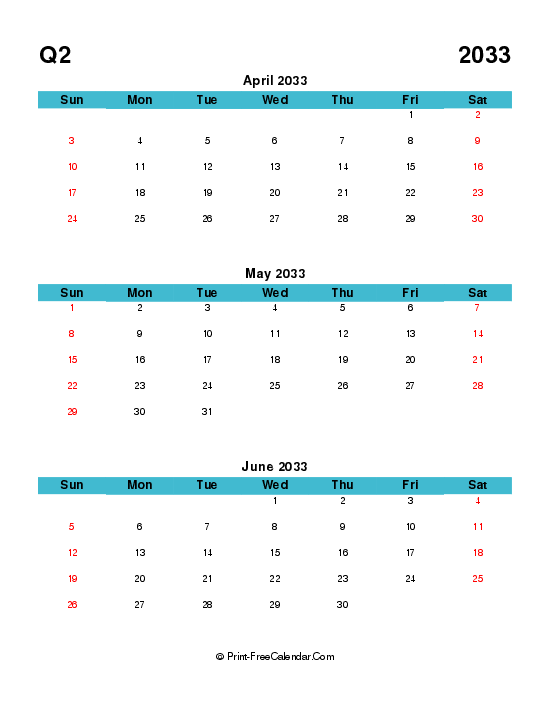 quarterly calendar editable q2 2033 april may june sunday start