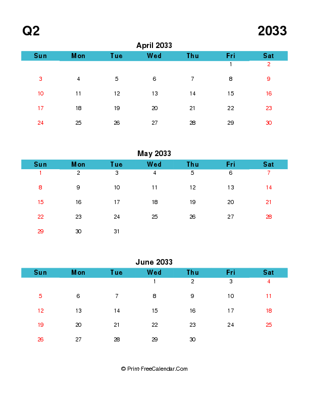 quarterly calendar editable q2 2033 april may june sunday start