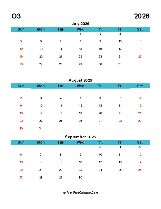 quarterly calendar editable q3 2026 july august september sunday start