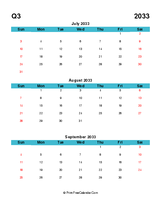 quarterly calendar editable q3 2033 july august september sunday start