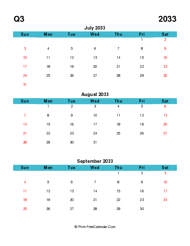quarterly calendar editable q3 2033 july august september sunday start