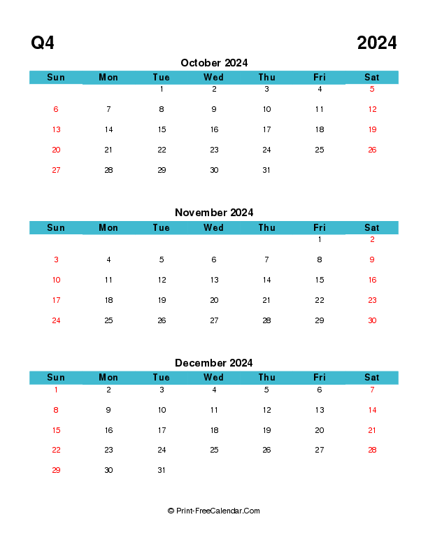 quarterly calendar editable q4 2024 october november december sunday start
