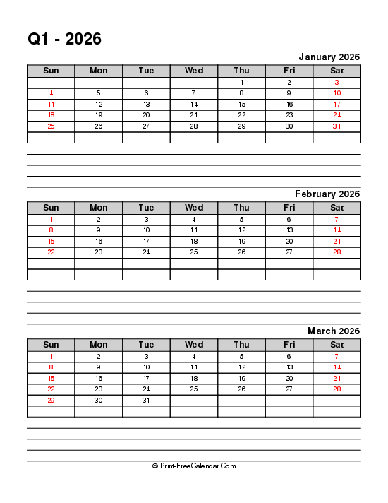 quarterly calendar with notes q1 2026 january february march sunday start