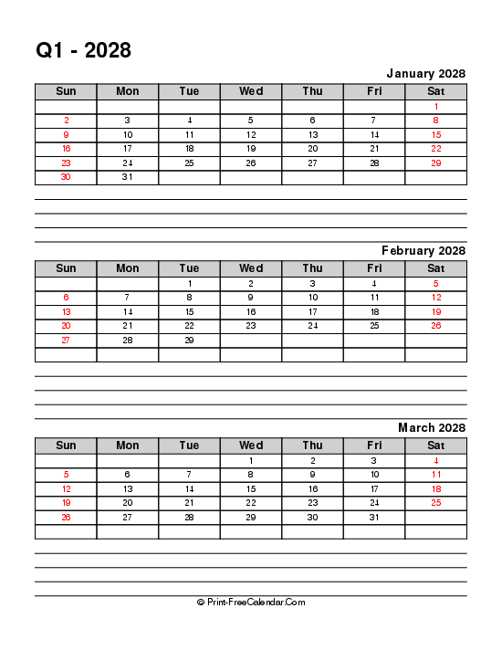 quarterly calendar with notes q1 2028 january february march sunday start