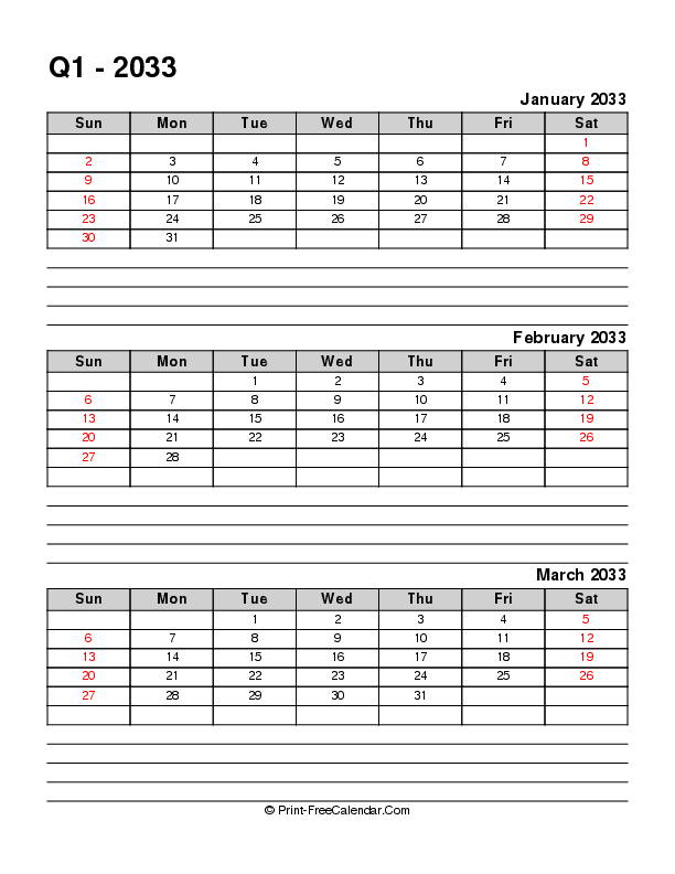 quarterly calendar with notes q1 2033 january february march sunday start