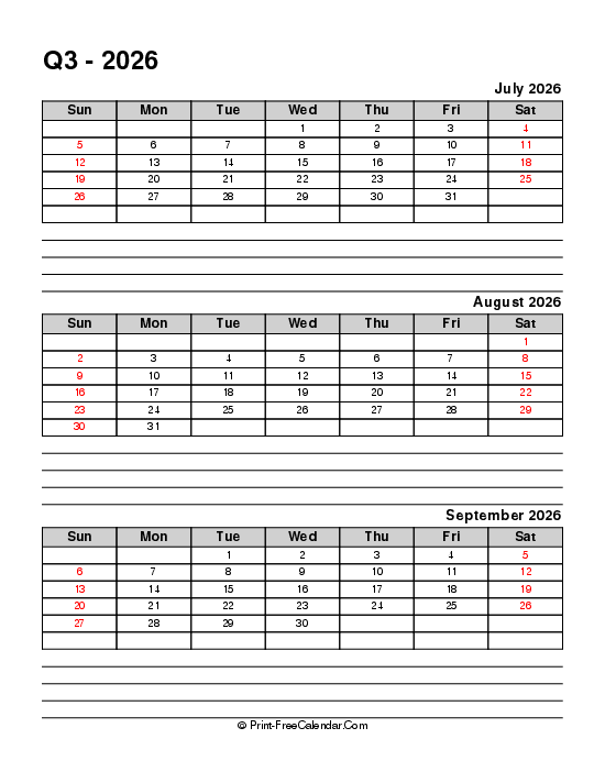 quarterly calendar with notes q3 2026 july august september sunday start
