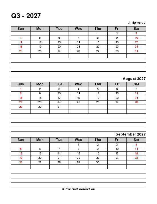 quarterly calendar with notes q3 2027 july august september sunday start