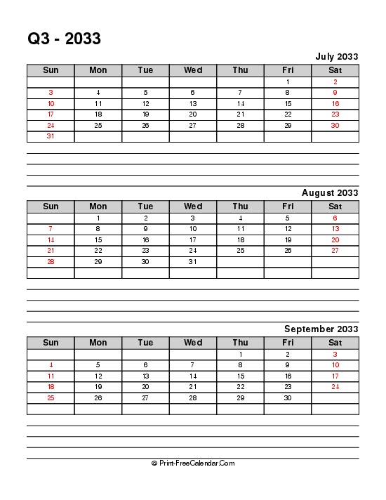 quarterly calendar with notes q3 2033 july august september sunday start