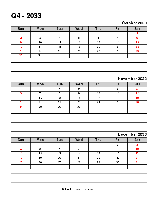 quarterly calendar with notes q4 2033 october november december sunday start