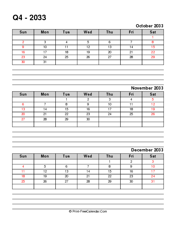 Quarterly Calendar With Notes Q4 2033 October November December Sunday Start