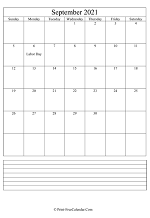 september 2021 calendar printable with notes (vertical layout)