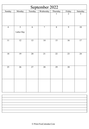 september 2022 calendar printable with notes vertical layout