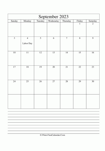 september 2023 calendar printable with notes vertical layout