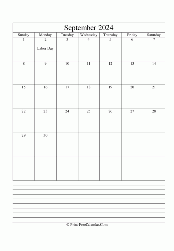 september 2024 calendar printable with notes vertical layout