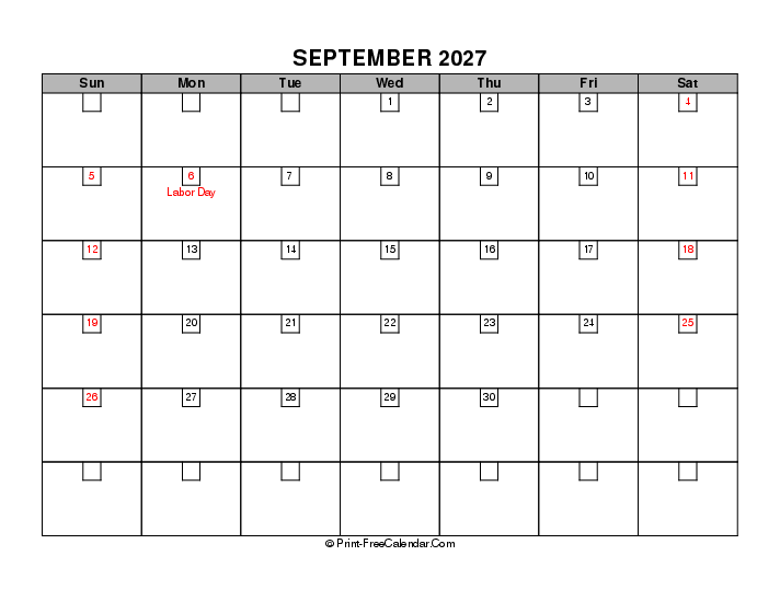September 2027 Boxy Calendar With Usa Holidays Sunday Start, Landscape Layout