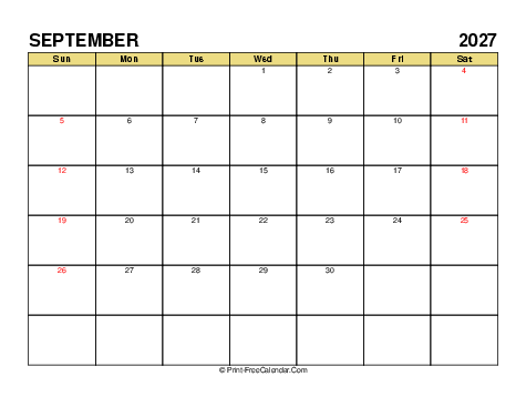 September 2027 UK Calendars