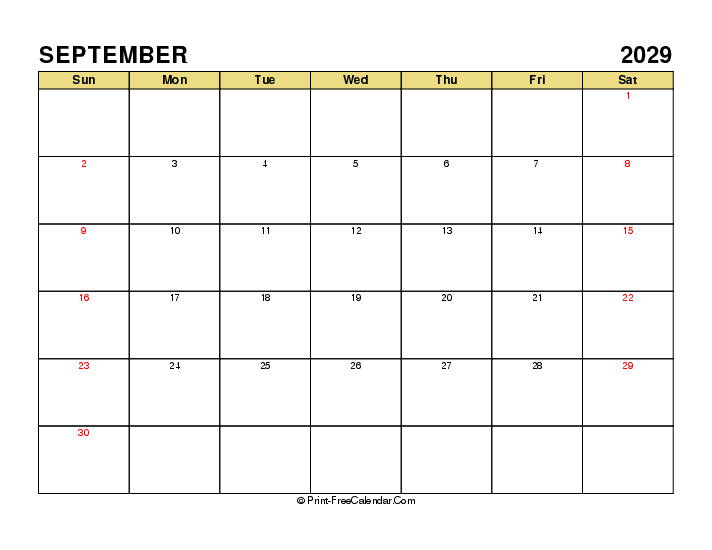 september 2029 calendar with uk-bank holidays, week start on sunday, Landscape orientation