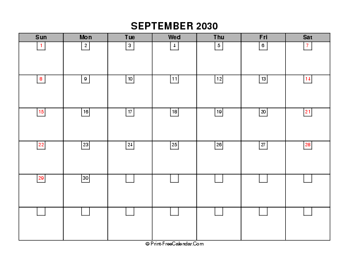 september 2030 boxy calendar with uk-bank holidays, week start on sunday, Landscape orientation