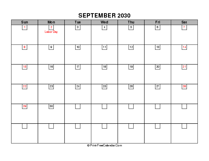 september 2030 boxy calendar with usa holidays, week start on sunday, Landscape orientation