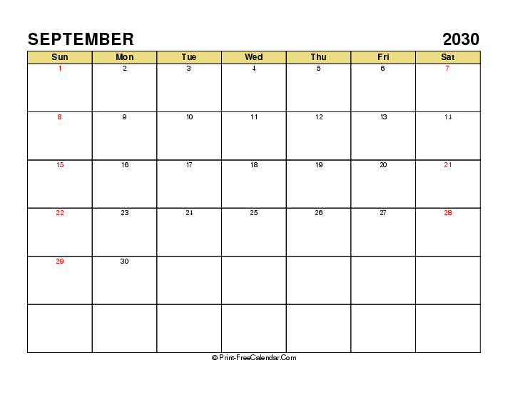 september 2030 calendar with uk-bank holidays, week start on sunday, Landscape orientation