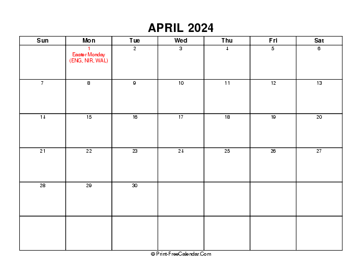simple april calendar 2024 with uk-bank holidays, week start on sunday, Landscape orientation