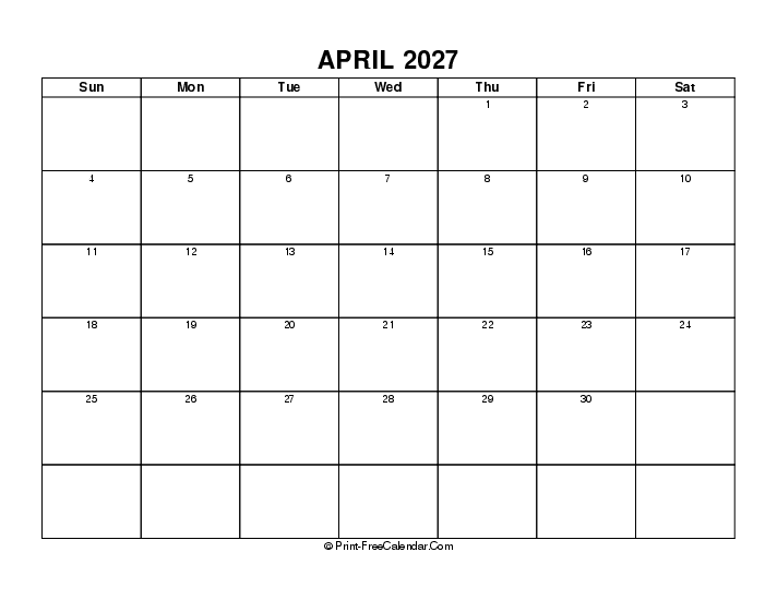 Simple April Calendar 2027 With Usa Holidays Sunday Start, Landscape Layout
