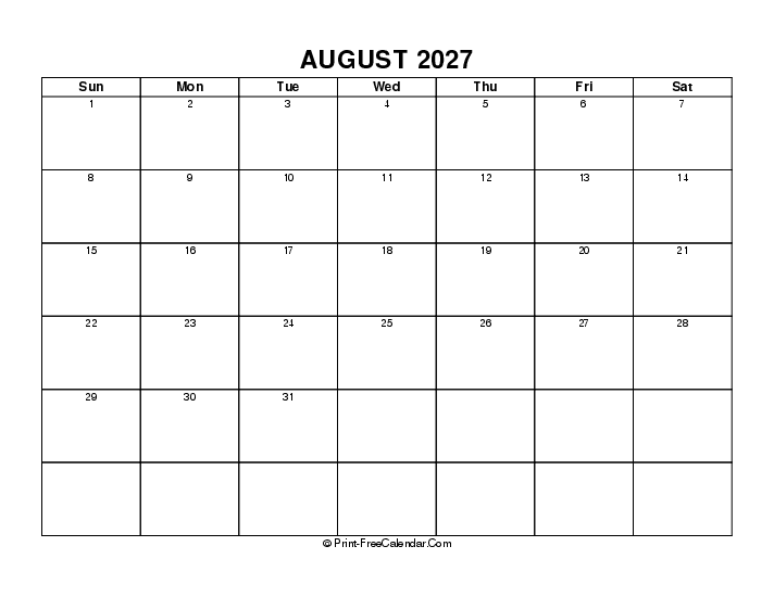 simple august calendar 2027 with usa holidays, week start on sunday, Landscape orientation
