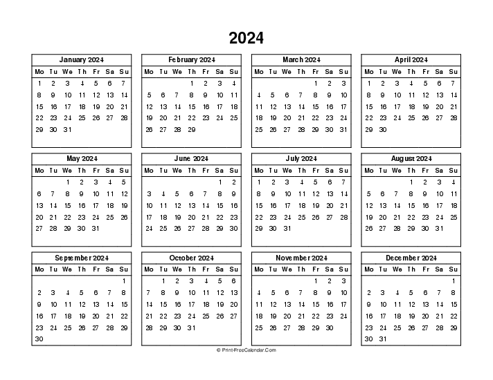 simple calendar 2024 landscape monday start